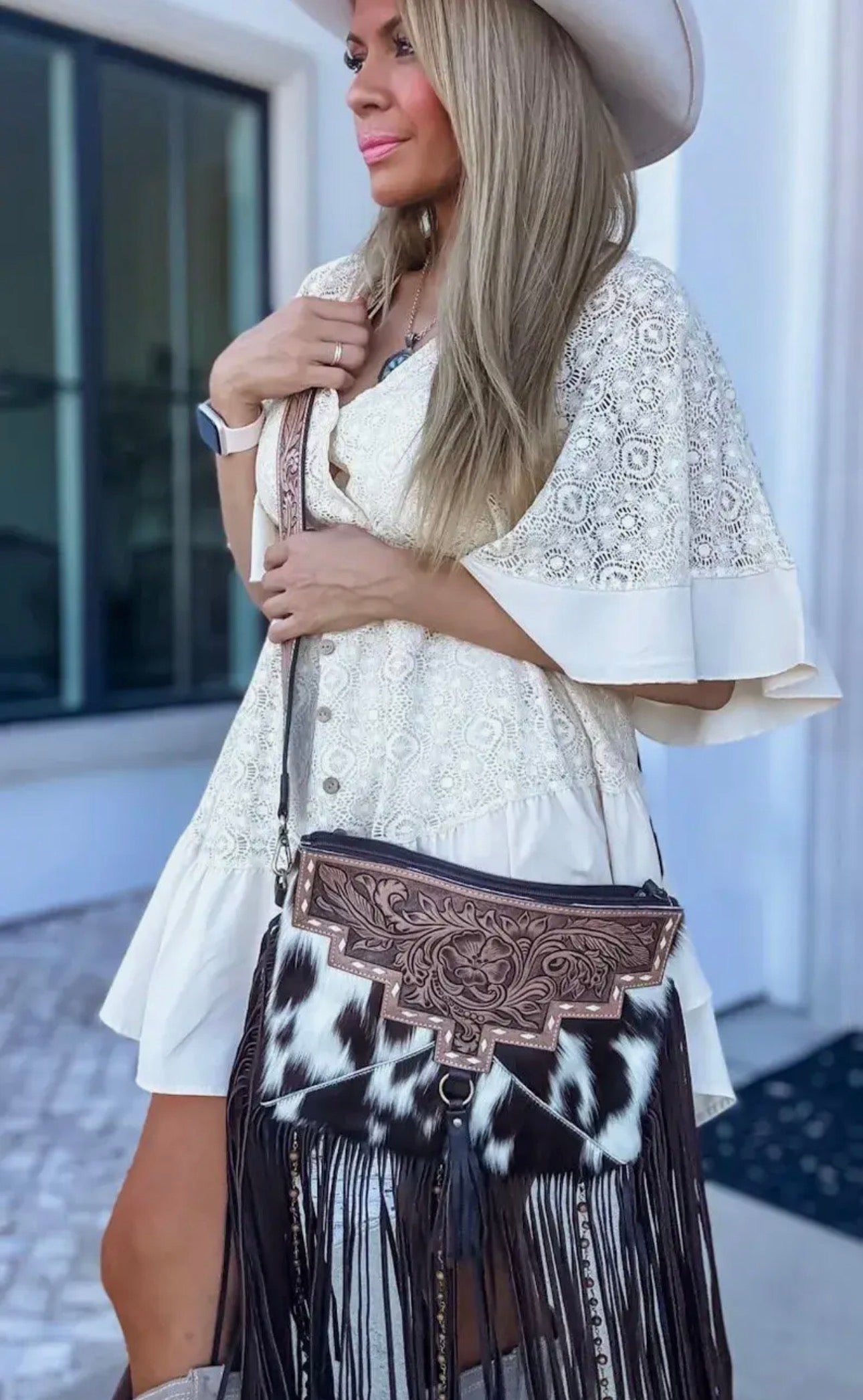 Tooled Leather & Cowhide Fringe Purse