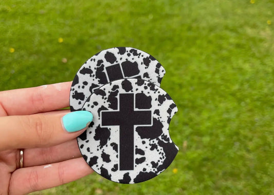 Cowhide Cross Set of Car Coasters