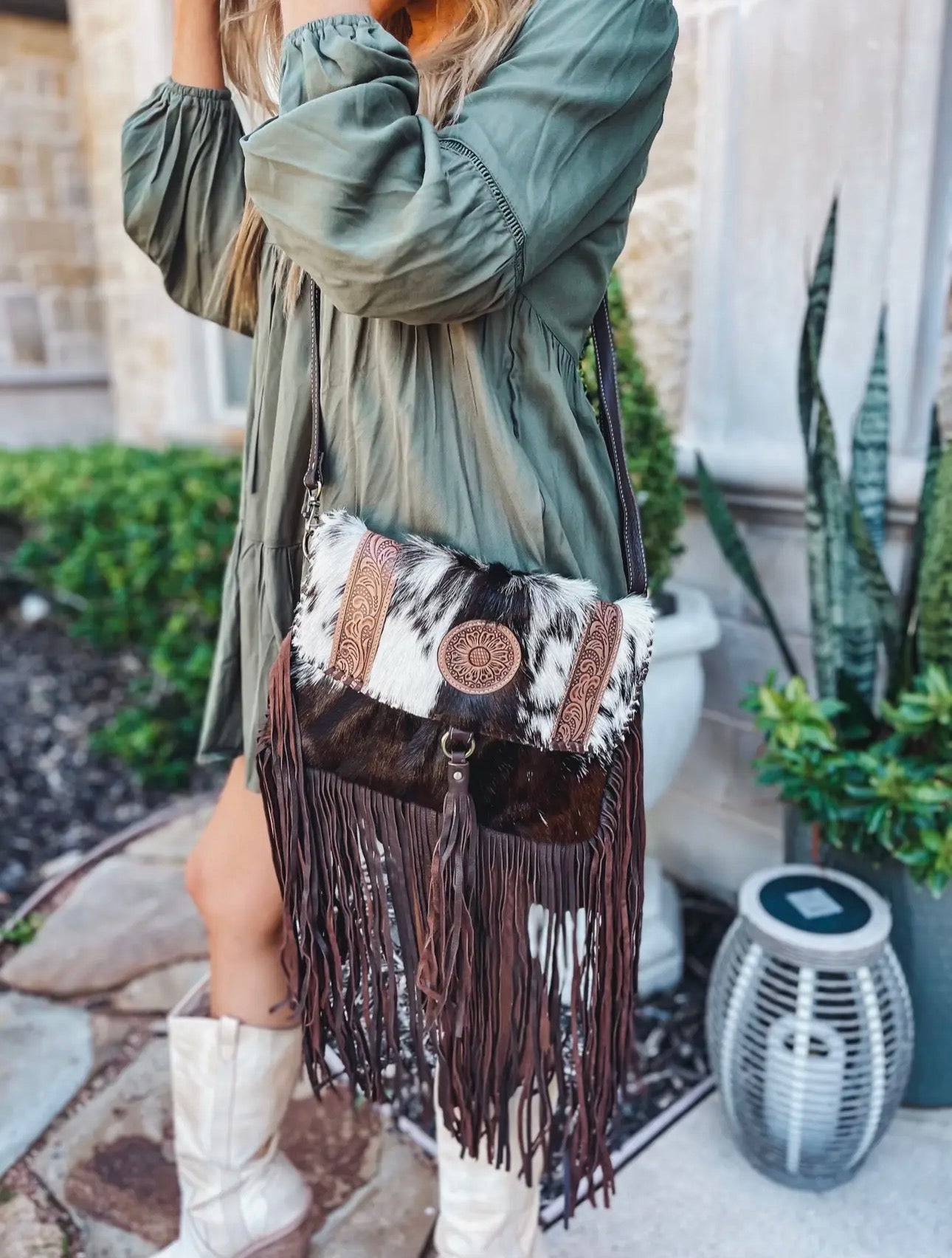 Tooled Leather & Cowhide Fringe Purse